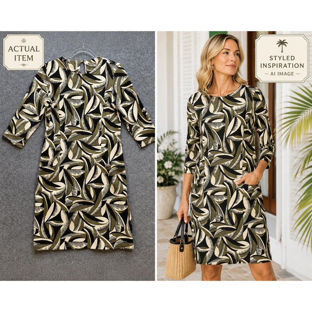 J.McLaughlin Shift Dress Women's Palm Print Green M Excellent Coastal Preppy